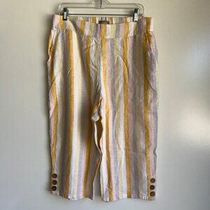 NEW Naturals Denim & Co Yellow Striped Linen Blend Capri Skimmers Pants Medium